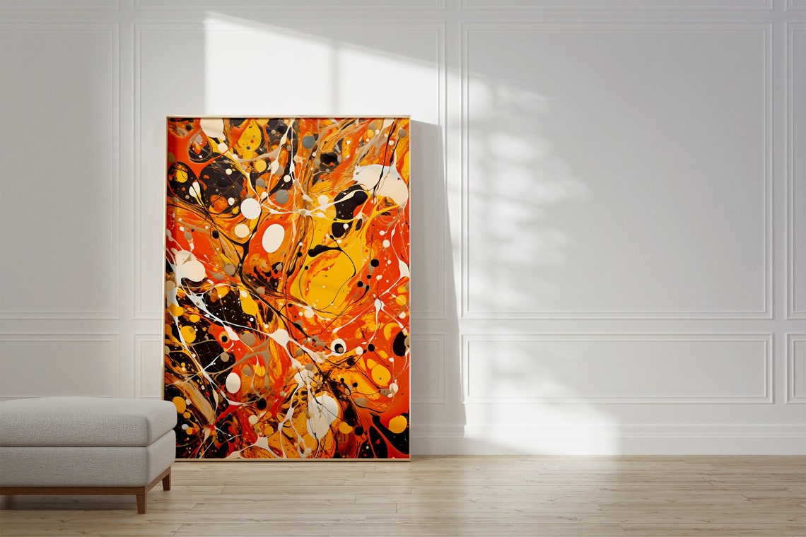 Vibrant Orange Yellow and Black Abstract Fluid Art Modern Poster