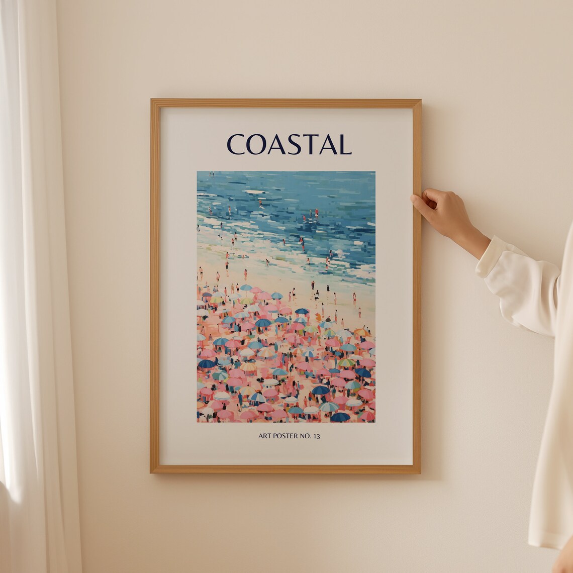Coastal Dense Pink Blue Umbrellas Crowd Scene Art Poster No. 13