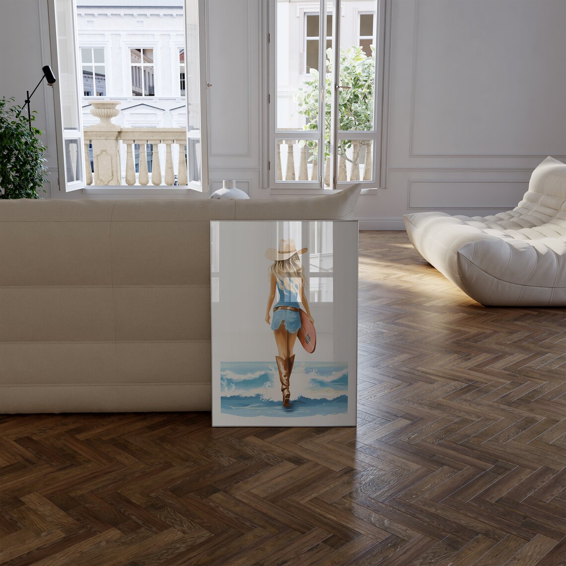 Cowgirl Surfer Girl With Surfboard Walking Into Ocean Waves Poster - Image 2