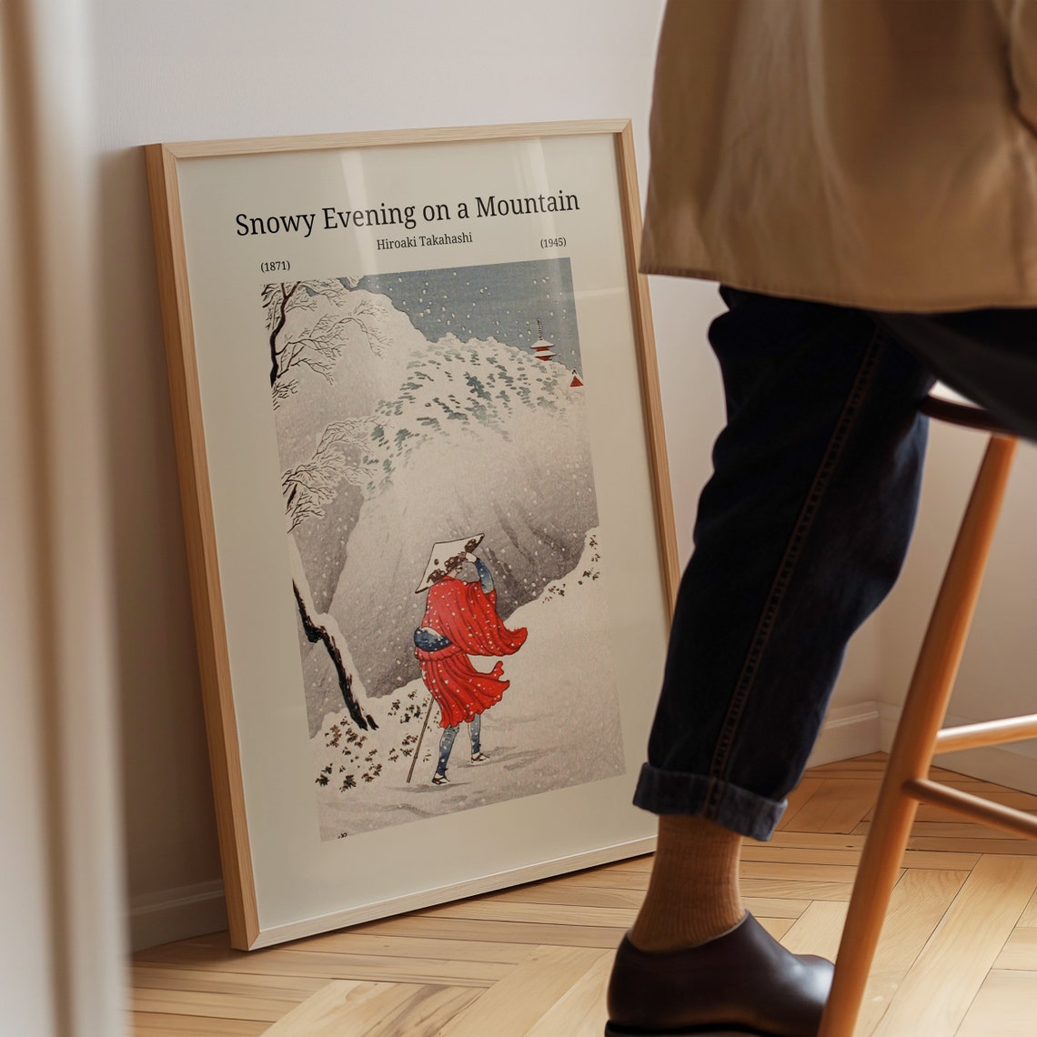 Hiroaki Takahashi Snowy Evening Mountain Red Cloak Woodblock Poster - Image 2