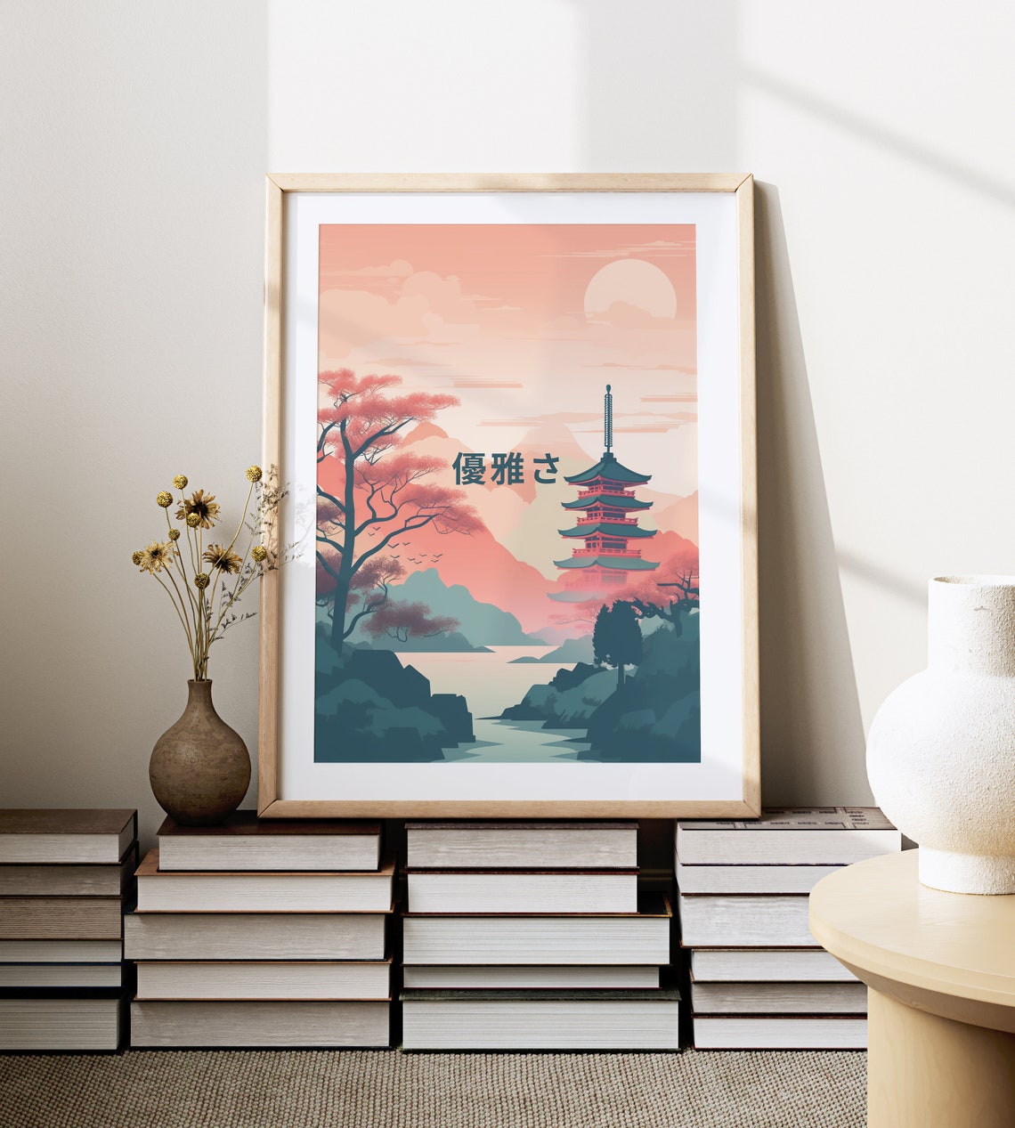 Japanese Temple Pagoda Pink Sunset Mountain Landscape Scene Poster - Image 3