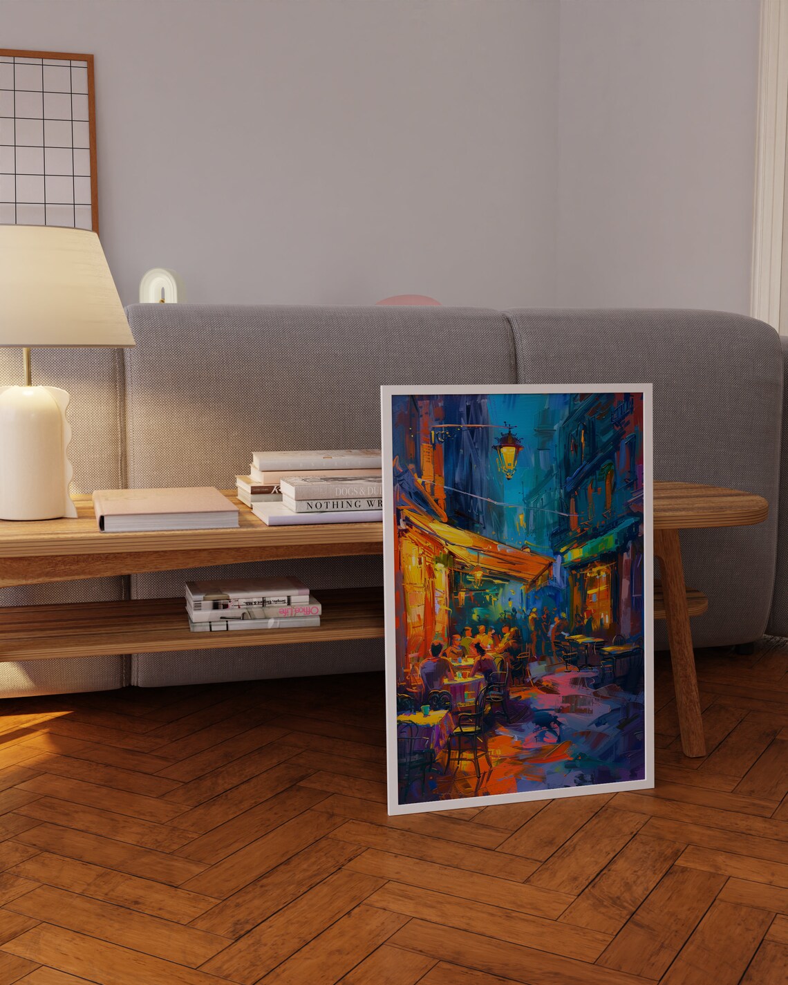 Night Cafe Street Scene with Diners and Colorful Lights Art Poster - Image 4