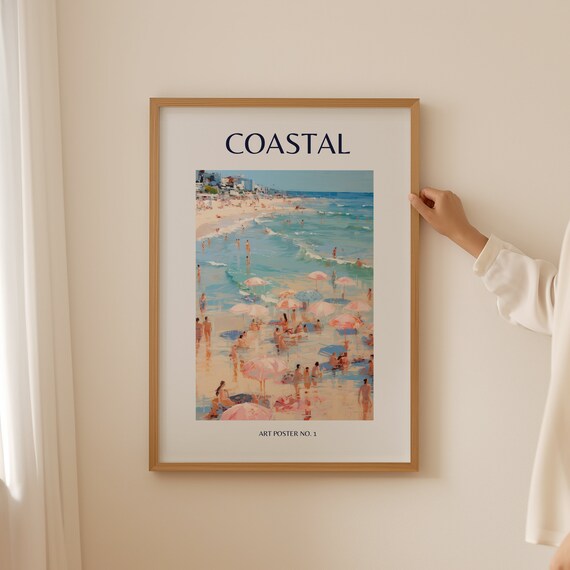 Coastal Beach Swimmers Pink Umbrellas Pastel Ocean Art Poster