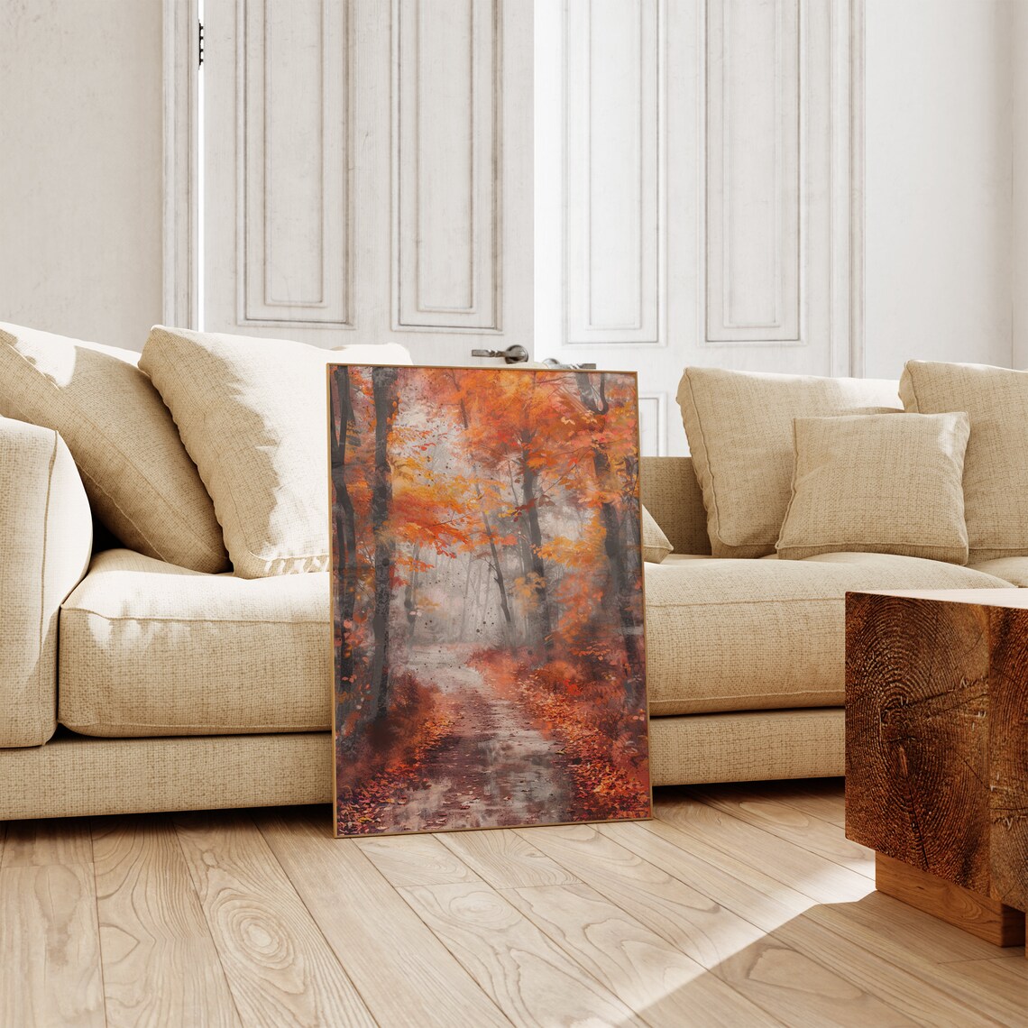 Misty Autumn Path Tall Trees Red Foliage Fall Watercolor Poster - Image 2