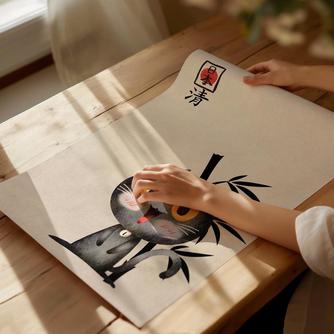 Cute Black Cat Japanese Red Sun Bamboo Kawaii Style Nursery Poster - Image 4