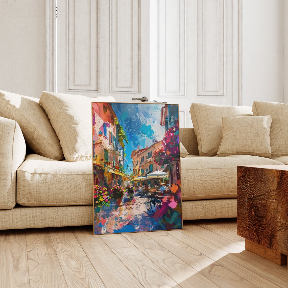Sunlit European Street Cafe with Flower Baskets Colorful Art Poster - Image 2