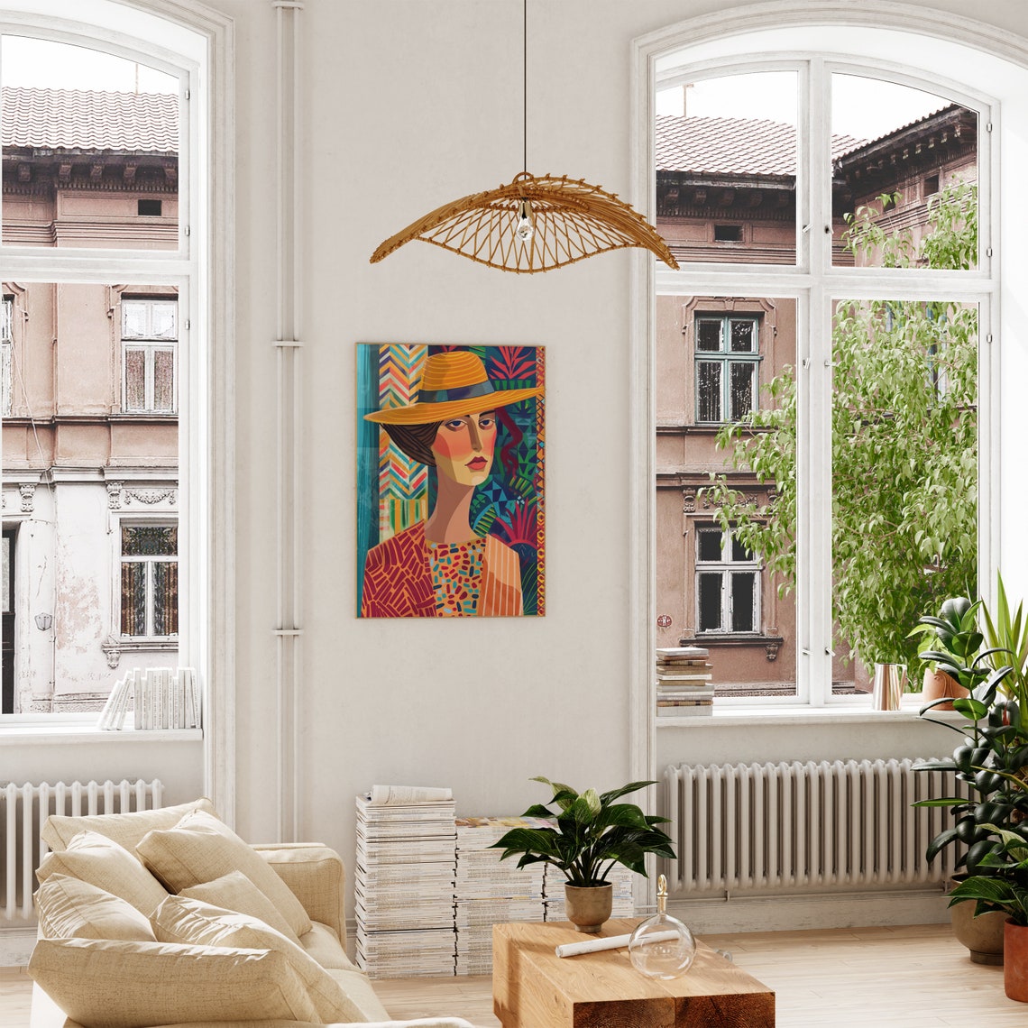 Woman in Straw Hat Geometric Modern Portrait Pattern Art Poster - Image 2