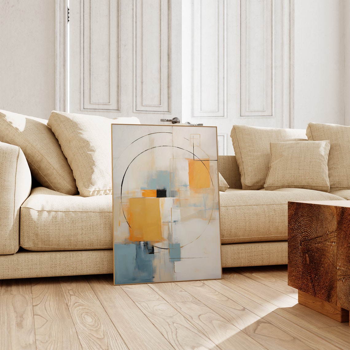 Modern Geometric Circle Abstract Orange Blue Blocks Art Poster - Image 4