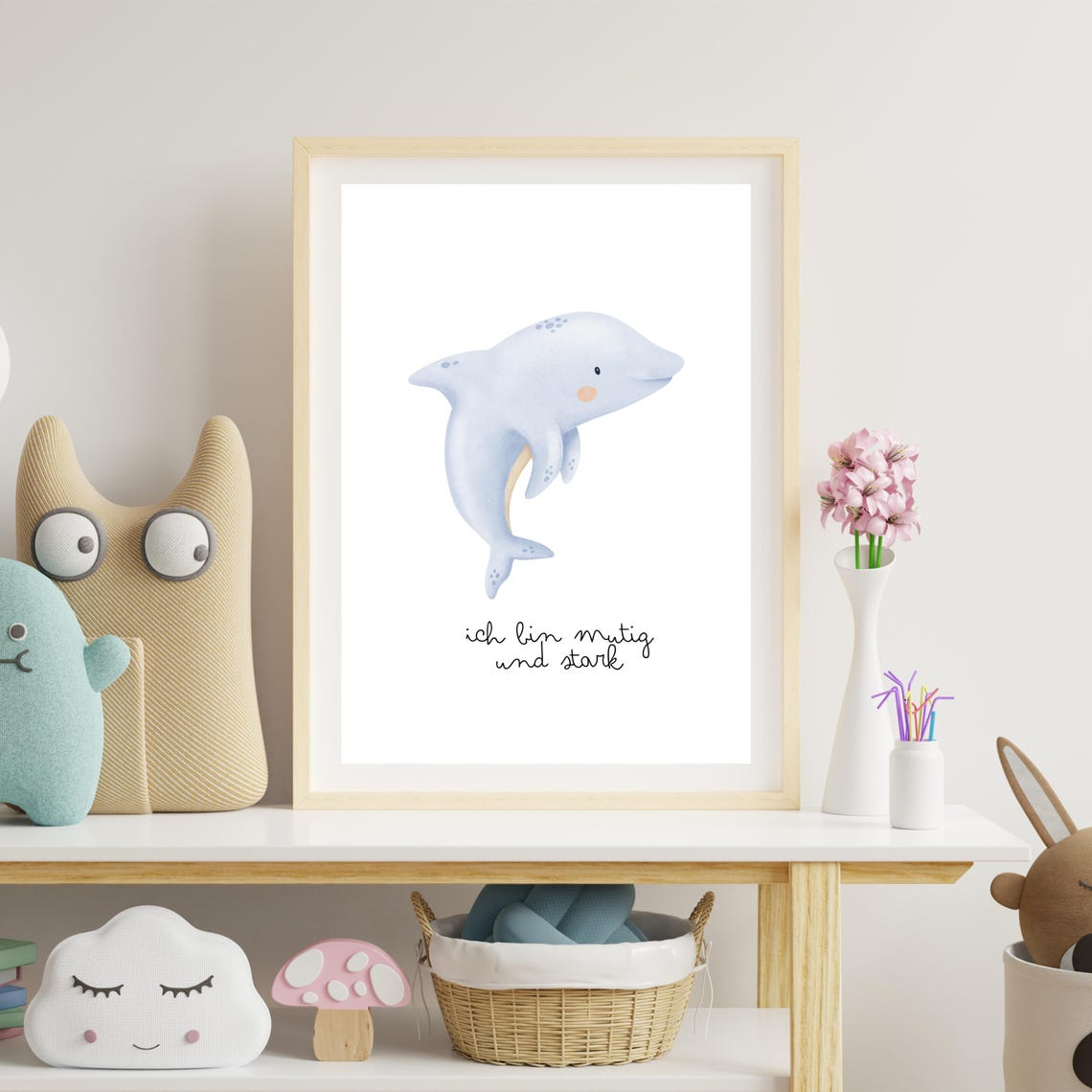 Soft Blue Dolphin 'Brave And Strong' Affirmation Nursery Kids Poster