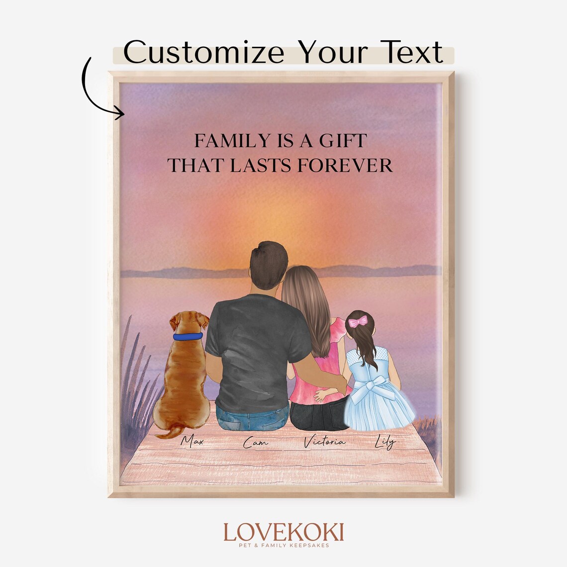 Sunset Lake Dock Family With Daughter and Dog Custom Name Poster