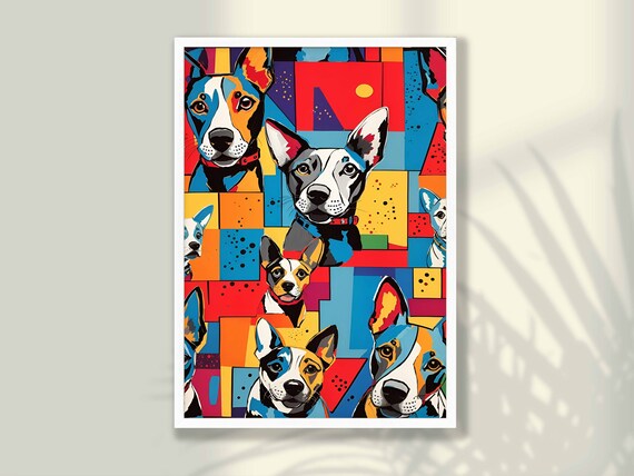 Colorful Pop Art Dogs Collage Geometric Bold Dog Lover Poster
