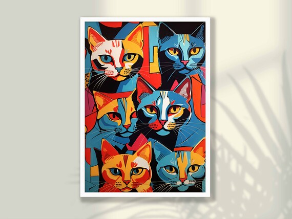 Colorful Cubist Cat Family Portrait Pop Art Cat Lover Poster