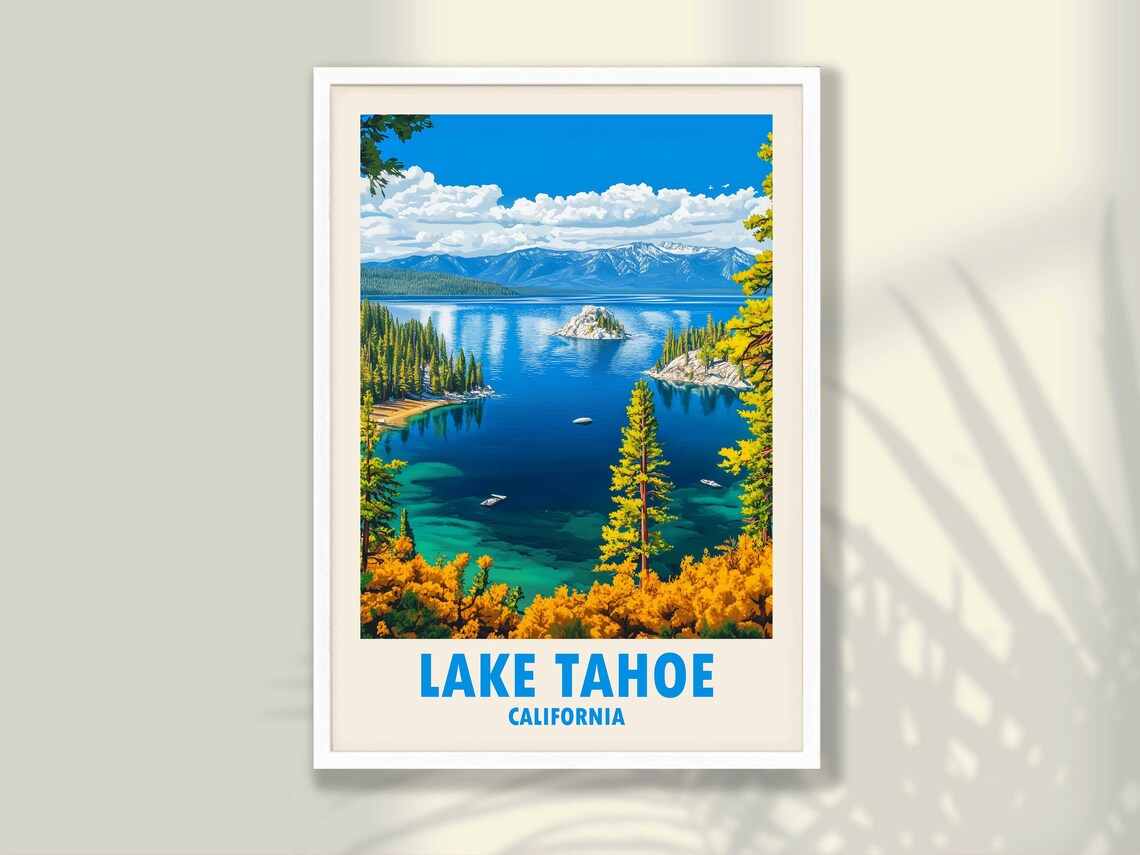 Lake Tahoe California Mountain Lake Island Vintage Travel Poster