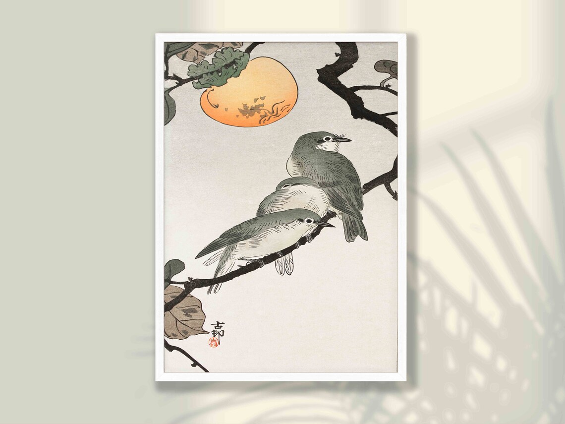 Songbirds on Branch with Ripe Persimmon Vintage Japanese Poster