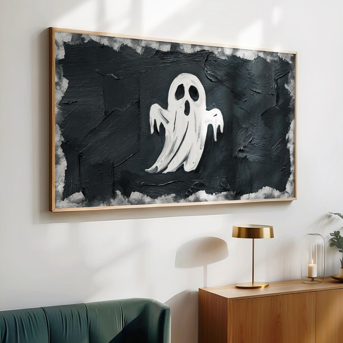 Cute White Ghost Textured Black Background Minimalist Halloween Art Poster - Image 2