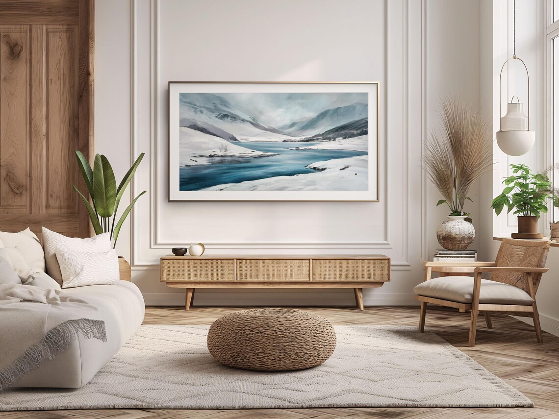 Snowy Mountain Lake Teal Water Misty Peaks Winter Landscape Poster - Image 3