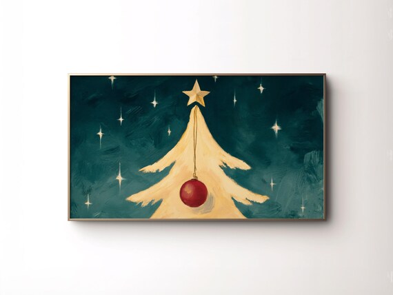 Frame Tv Art Christmas Tree Minimalist Abstract Artwork Nostalgic Holiday Decor Teal Moody Winter Painting Art For Tv 4k