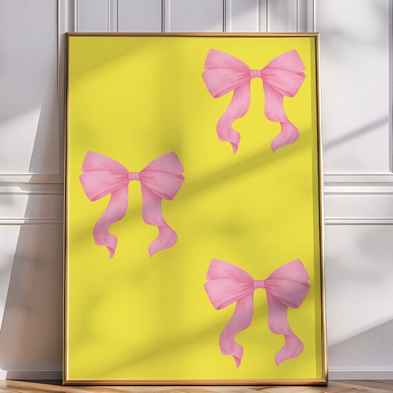 Pink Bows Yellow Coquette Girly Preppy Trendy Wall Art Poster Print