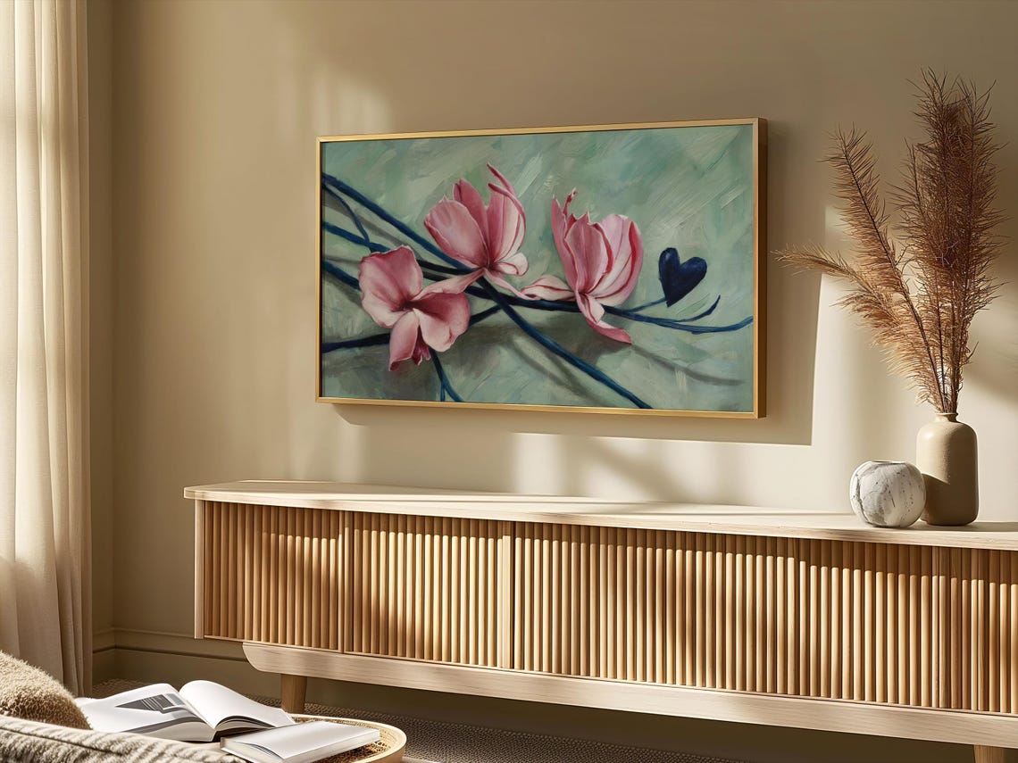 Pink Magnolia Blossoms Dark Blue Branch Sage Green Floral Poster - Image 4