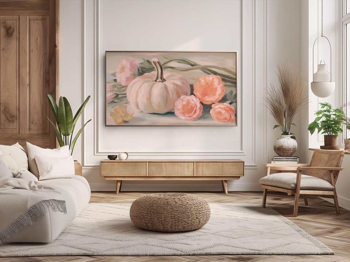White Pumpkin Pink Peonies Floral Fall Painting Vintage Autumn Art Poster - Image 2