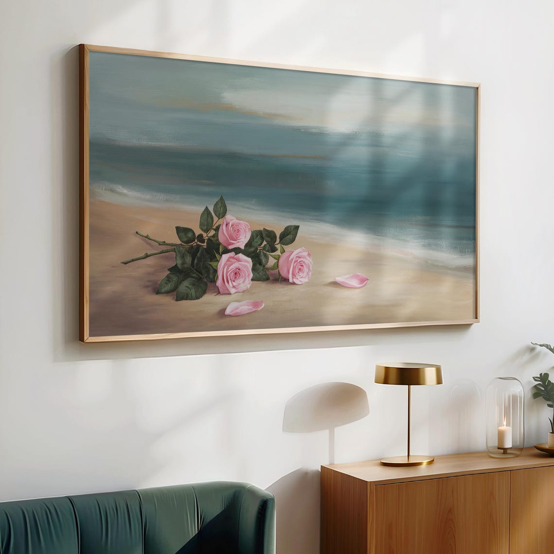 Pink Roses Sandy Beach Ocean Waves Moody Coastal Floral Poster - Image 2