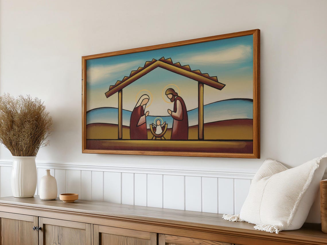 Abstract Minimalist Nativity Holy Family Manger Geometric Art Poster - Image 2