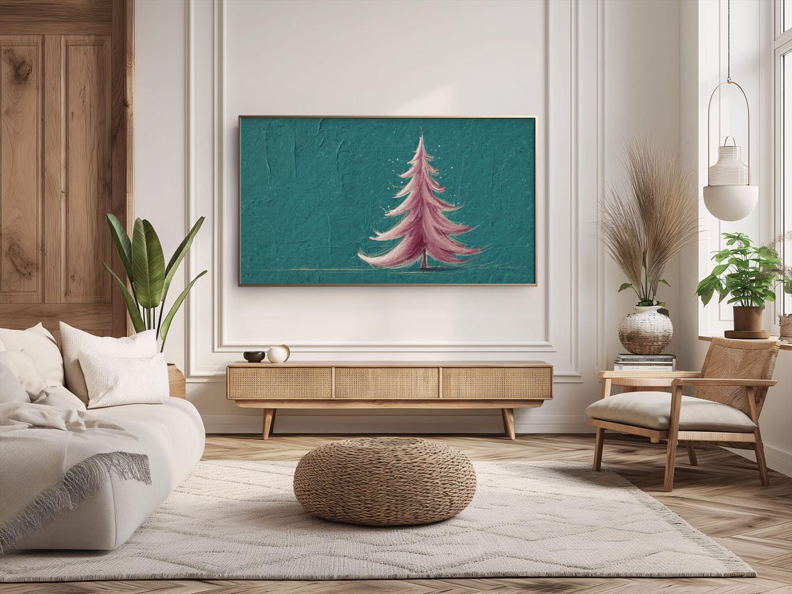 Pink Christmas Tree Teal Textured Background Modern Holiday Art Poster - Image 3