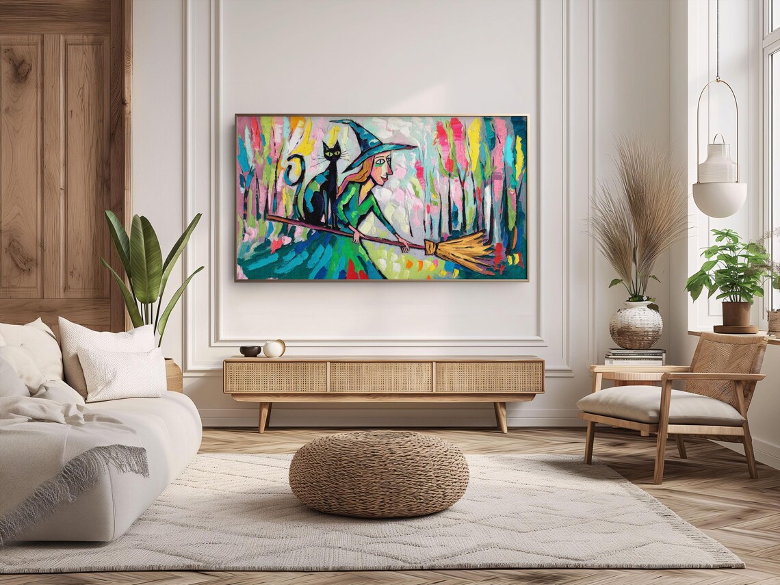 Colorful Abstract Witch Broom Black Cat Bold Maximalist Halloween Poster - Image 4