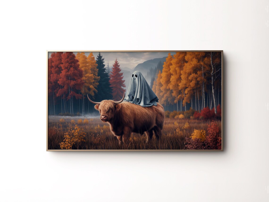 Highland Cow Ghost Rider Autumn Forest Cute Spooky Halloween Funny Poster