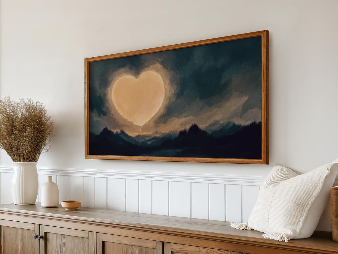 Moody Heart Shaped Moon Over Dark Mountain Night Landscape Art Poster - Image 5