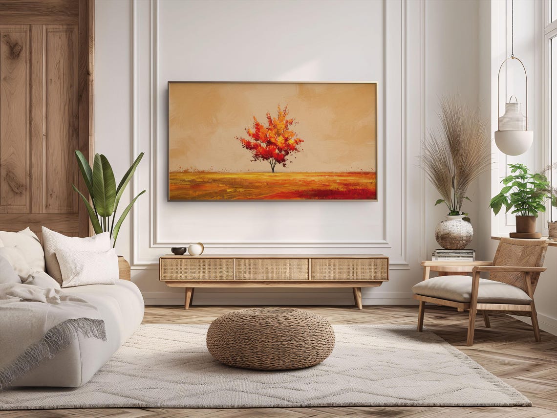 Lone Red Autumn Tree Golden Field Minimalist Fall Landscape Art Poster - Image 2