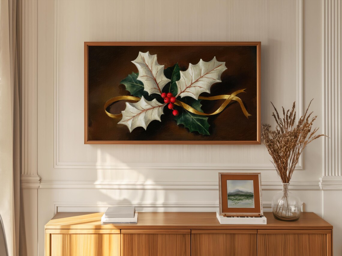 White Holly Leaves Red Berries Gold Ribbon Vintage Christmas Poster - Image 2