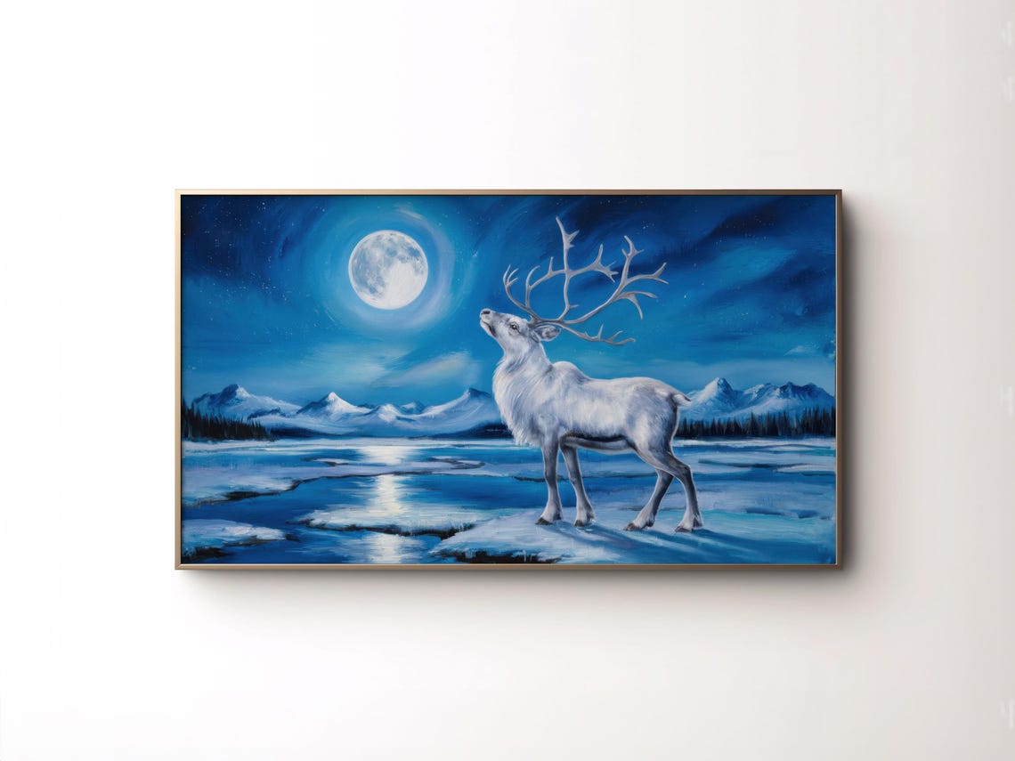 Frame Tv Art Christmas Nordic Winter Landscape Tv Whimsical Reindeer Tv Picture Rustic Blue Xmas Tv Art Festive Holiday Tv Decor