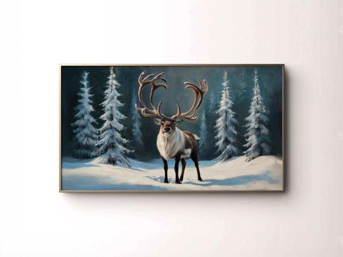 Reindeer Snowy Pine Forest Nordic Winter Landscape Painting Art Poster - Image 5