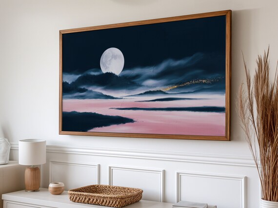 Moody Fall Frame Tv Art Landscape Painting Abstract Coastal Mountain Modern Rustic Autumn Frame Tv Minimalist Moon Artwork For Tv