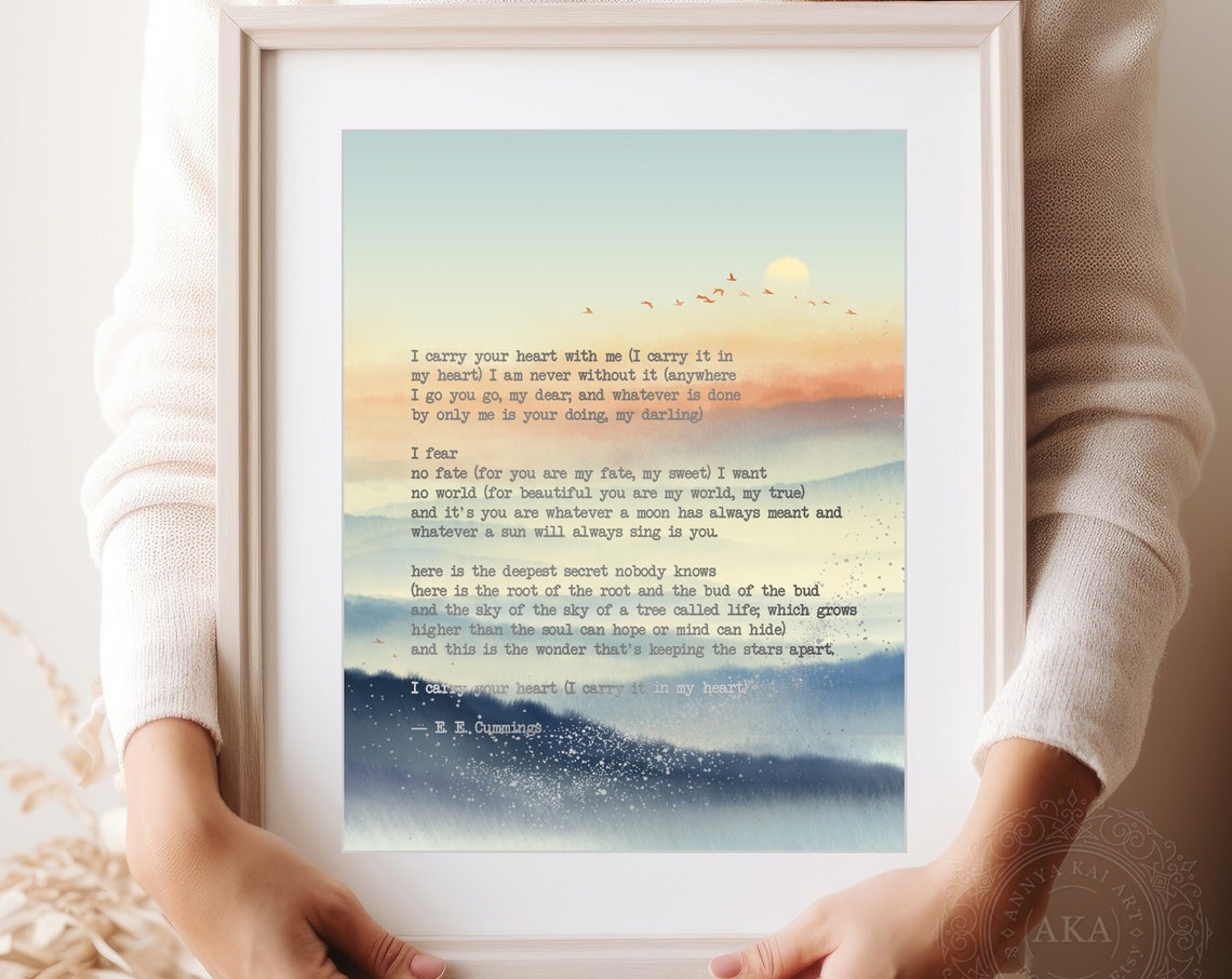 E E Cummings I Carry Your Heart Poem Sunset Mountain Watercolor Poster