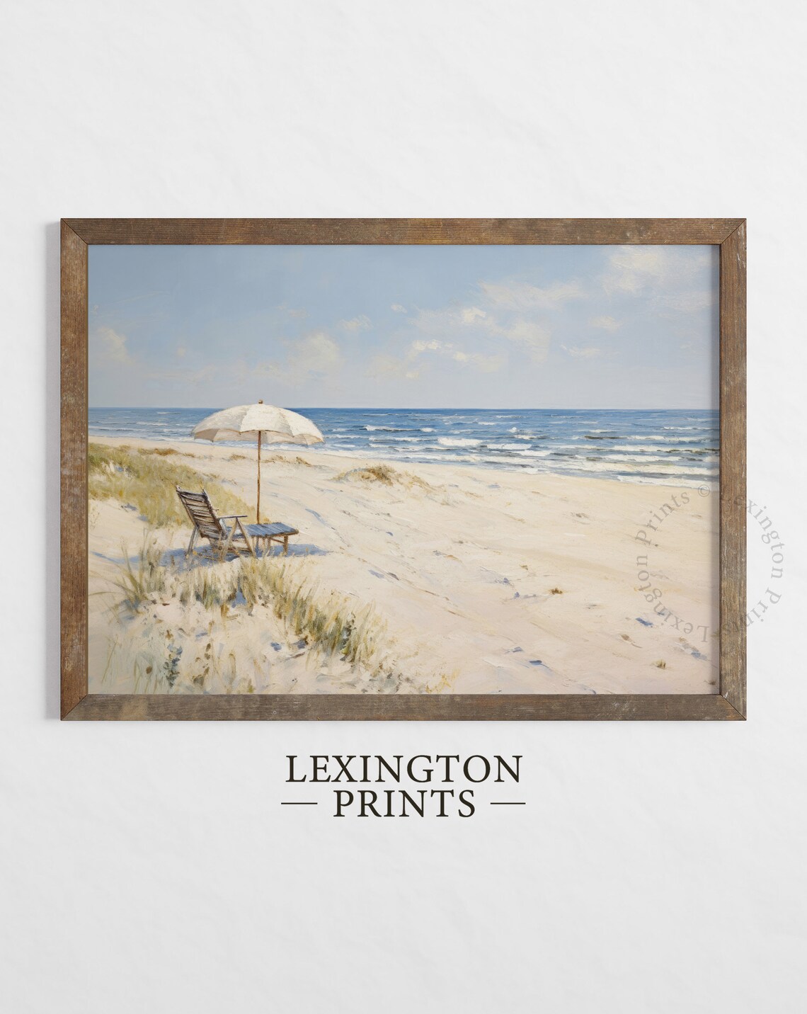 White Beach Umbrella Chairs Tranquil Ocean Oil Painting Coastal Poster - Image 2