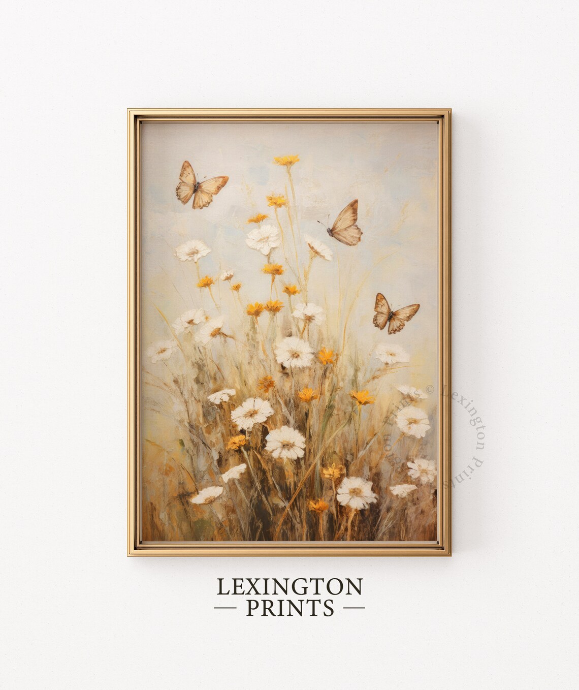 Butterflies Among White Daisies Wildflowers Soft Neutral Botanical Poster - Image 5
