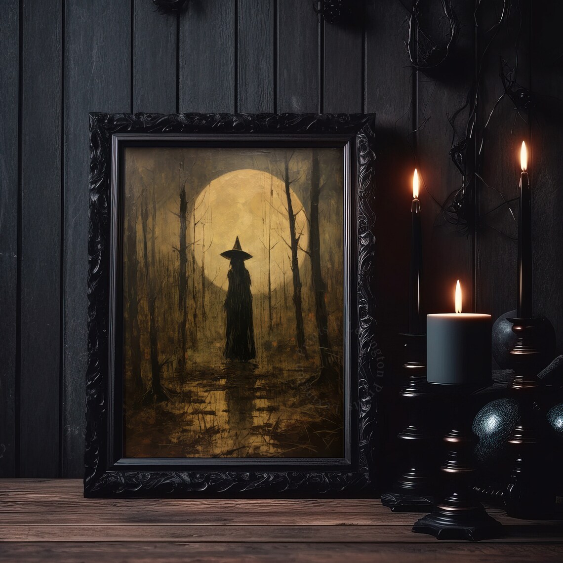Witch Silhouette Before Giant Golden Full Moon Dark Forest Halloween Poster - Image 5