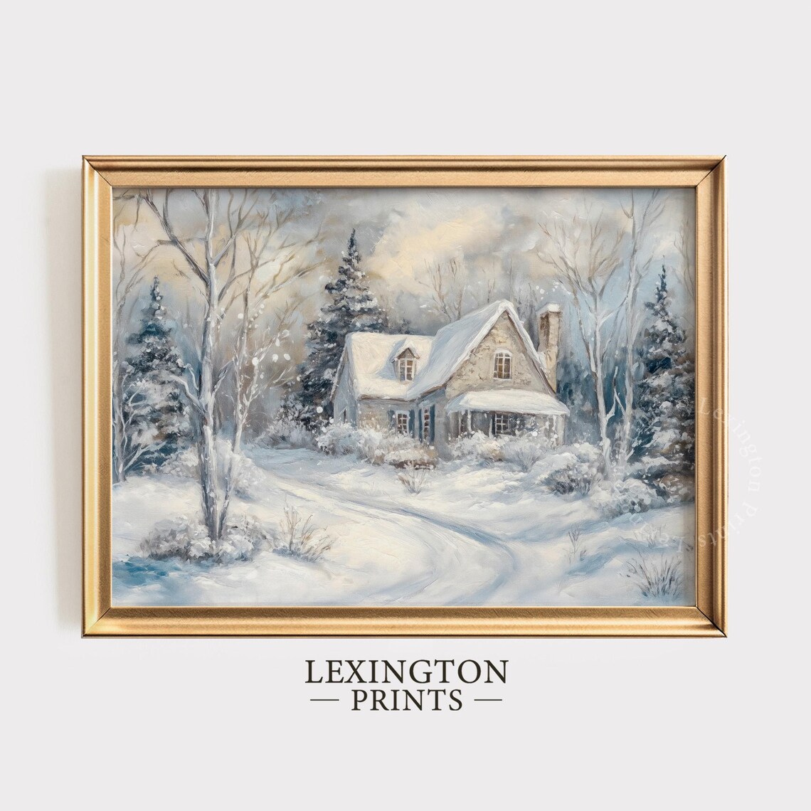 Snow Covered Cottage in Winter Woodland Peaceful Snowfall Art Print - Image 5