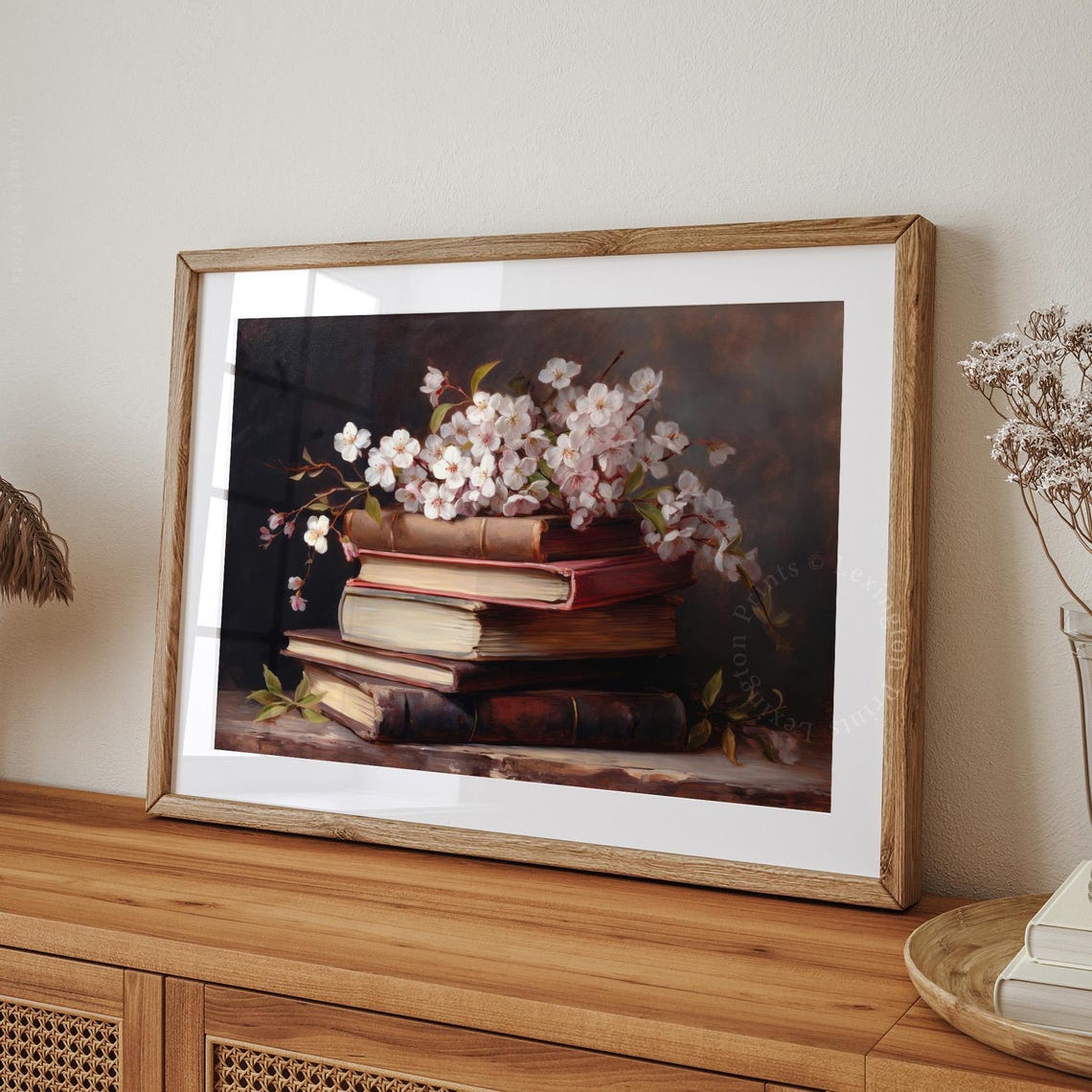 Cherry Blossom Branches Resting on Stack of Old Books Still Life Print - Image 8