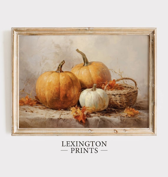 Pumpkin Harvest Still Life Wicker Basket Fall Oil Painting Poster