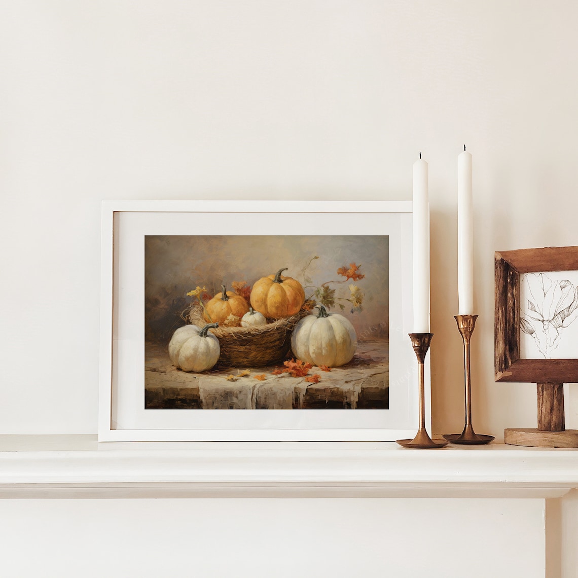 Cozy Rustic Pumpkin Harvest Basket Autumn Farmhouse Still Life Poster - Image 3
