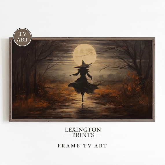Dancing Witch Full Moon Night Frame TV Art Spooky Halloween Print