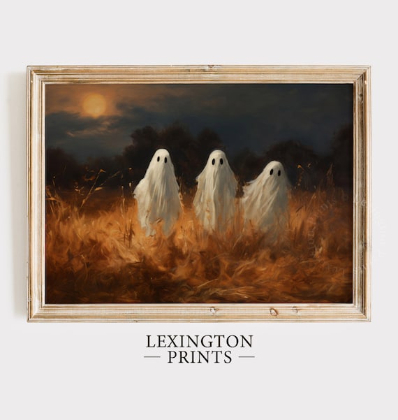 Three Ghosts in Golden Field Under Full Moon Halloween Night Poster