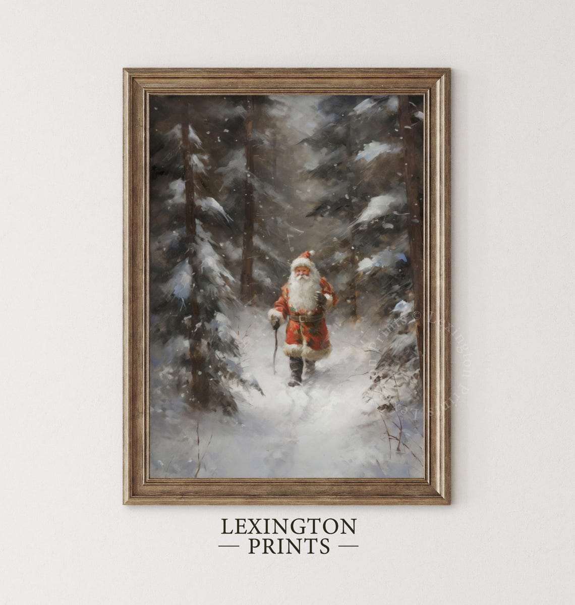 Santa Claus Walking Through a Snowy Forest Vintage Painting Poster - Image 3