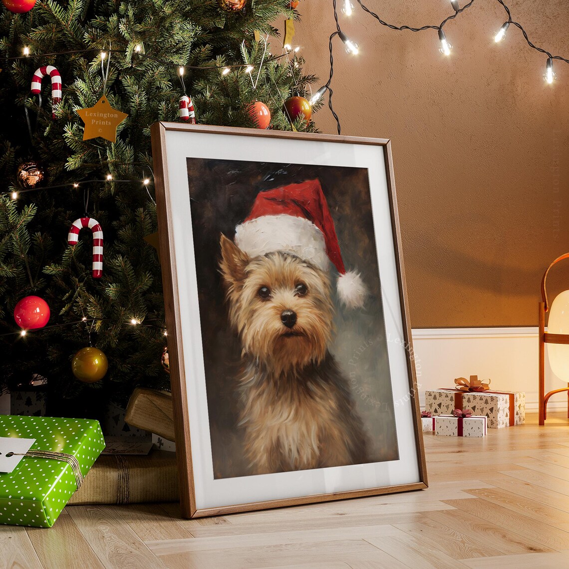 Small Dog in a Santa Hat Vintage Christmas Oil Painting Poster - Image 7