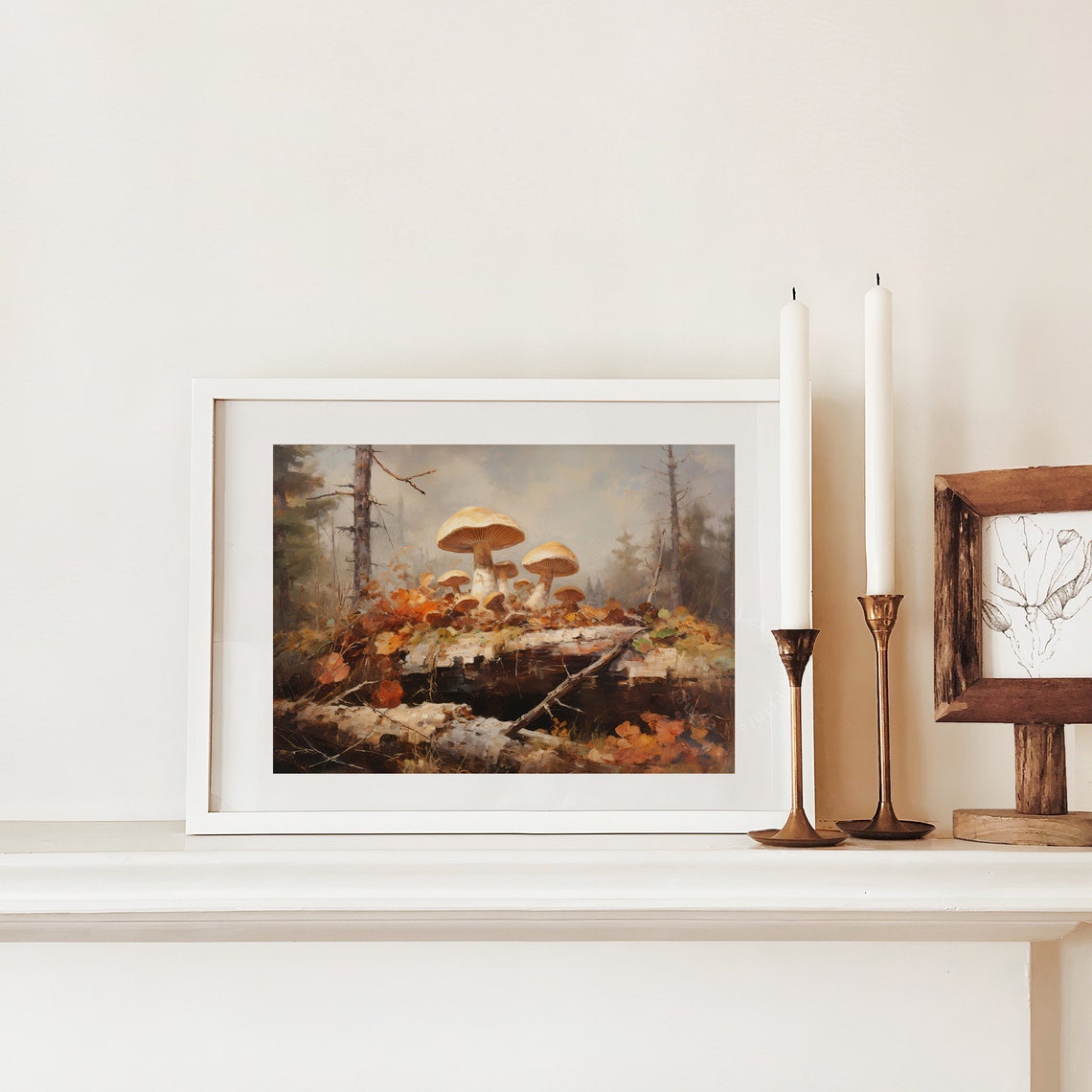 Wild Mushrooms on Fallen Log Misty Forest Oil Painting Nature Poster - Image 5