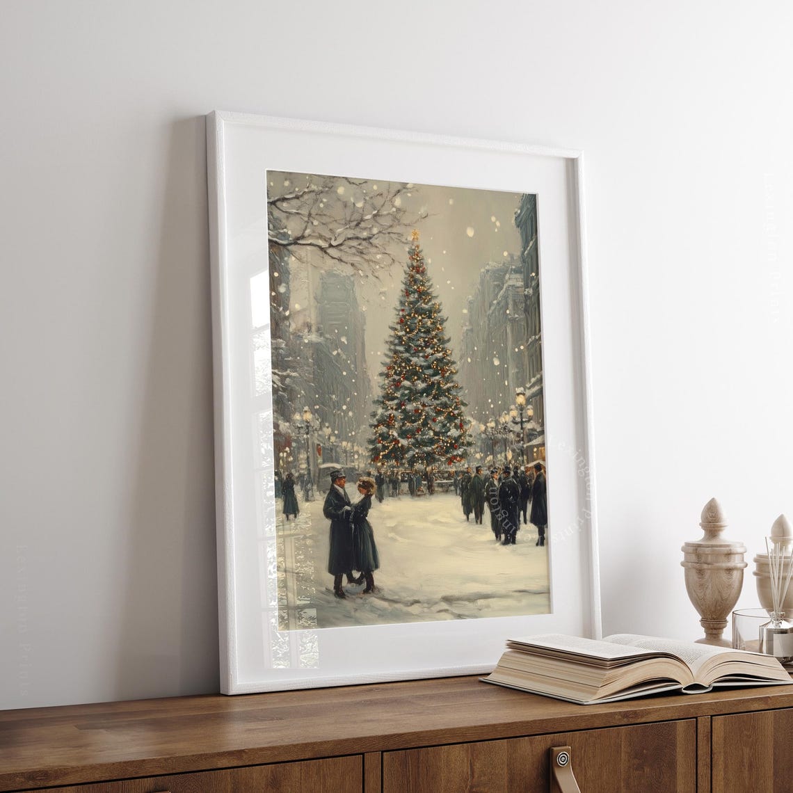 Snowy City Christmas Tree Vintage Couple Winter Painting Poster - Image 4