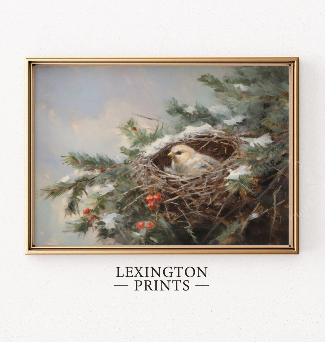 Tiny Cream Bird Resting In Snowy Pine Nest With Red Berries Poster - Image 2